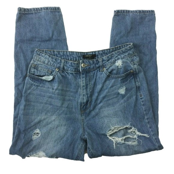 Forever 21 Womens Jeans Size L 30x26 High Rise Distressed Straight Leg Med. Wash - Picture 2 of 6